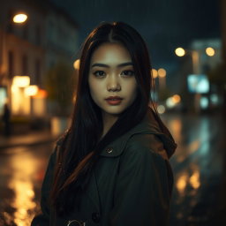 A young woman standing in the rain at night, illuminated by soft streetlights