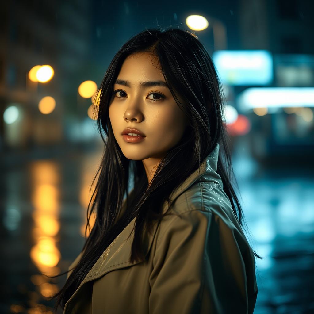 A young woman standing in the rain at night, illuminated by soft streetlights