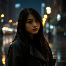 A young woman standing in the rain at night, illuminated by soft streetlights