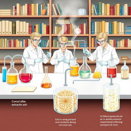 A detailed scientific illustration showing the process of extracting silica nanoparticles from corncob ash