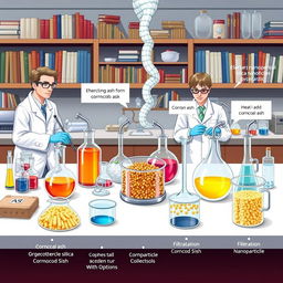 A detailed scientific illustration showing the process of extracting silica nanoparticles from corncob ash