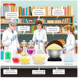 A detailed scientific illustration showing the process of extracting silica nanoparticles from corncob ash