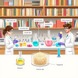 A detailed scientific illustration showing the process of extracting silica nanoparticles from corncob ash