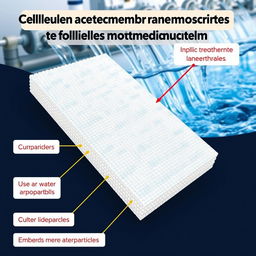 A visually striking illustration showcasing a cellulose acetate membrane blended with silica nanoparticles, specifically tailored for water treatment applications