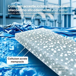 A visually striking illustration showcasing a cellulose acetate membrane blended with silica nanoparticles, specifically tailored for water treatment applications