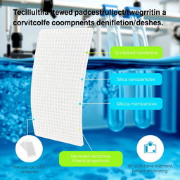 A visually striking illustration showcasing a cellulose acetate membrane blended with silica nanoparticles, specifically tailored for water treatment applications