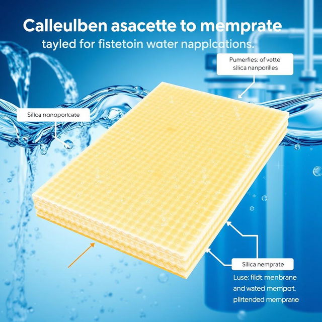 A visually striking illustration showcasing a cellulose acetate membrane blended with silica nanoparticles, specifically tailored for water treatment applications