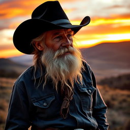 An old cowboy wearing a classic black hat, with a long, flowing white beard and short hair
