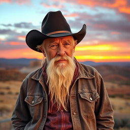 An old cowboy wearing a classic black hat, with a long, flowing white beard and short hair