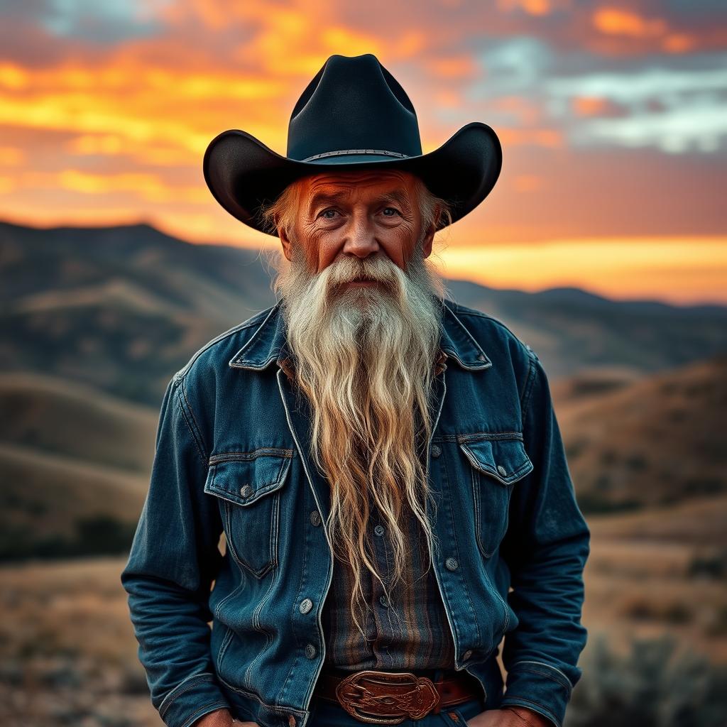 An old cowboy wearing a classic black hat, with a long, flowing white beard and short hair