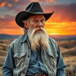 An old cowboy wearing a classic black hat, with a long, flowing white beard and short hair