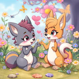 A whimsical and colorful scene depicting a playful anthropomorphized animal character engaging in flirtatious interactions with another compatible character, set in a fantasy themed landscape filled with vibrant flowers and magical creatures