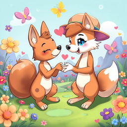 A whimsical and colorful scene depicting a playful anthropomorphized animal character engaging in flirtatious interactions with another compatible character, set in a fantasy themed landscape filled with vibrant flowers and magical creatures