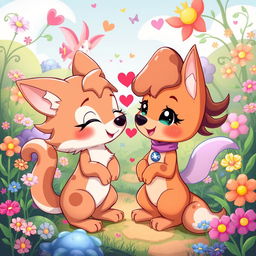 A whimsical and colorful scene depicting a playful anthropomorphized animal character engaging in flirtatious interactions with another compatible character, set in a fantasy themed landscape filled with vibrant flowers and magical creatures