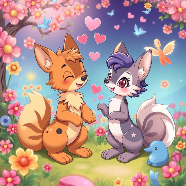 A whimsical and colorful scene depicting a playful anthropomorphized animal character engaging in flirtatious interactions with another compatible character, set in a fantasy themed landscape filled with vibrant flowers and magical creatures