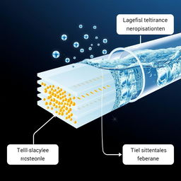 An intricate and informative illustration depicting a cellulose acetate membrane blended with silica nanoparticles, specifically designed for water treatment applications