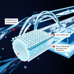 An intricate and informative illustration depicting a cellulose acetate membrane blended with silica nanoparticles, specifically designed for water treatment applications