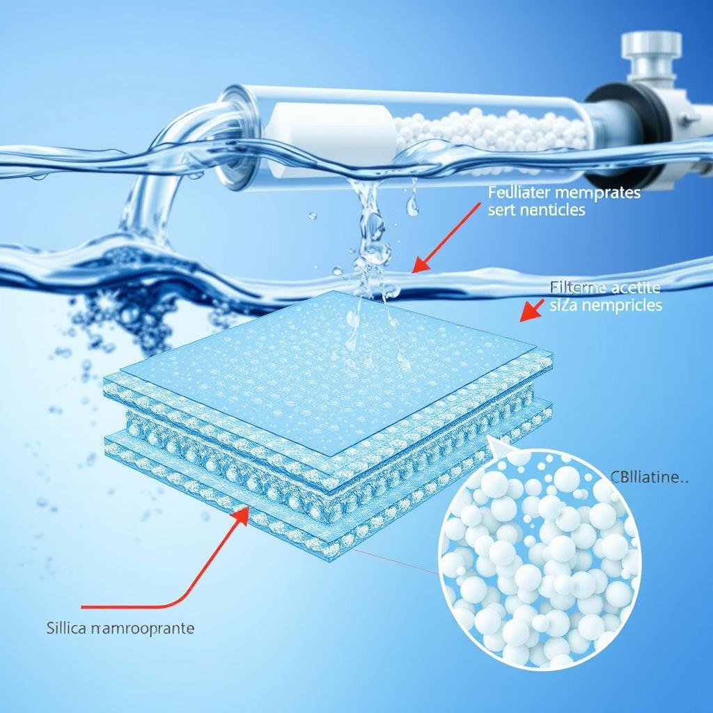 An intricate and informative illustration depicting a cellulose acetate membrane blended with silica nanoparticles, specifically designed for water treatment applications