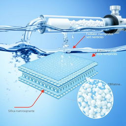 An intricate and informative illustration depicting a cellulose acetate membrane blended with silica nanoparticles, specifically designed for water treatment applications