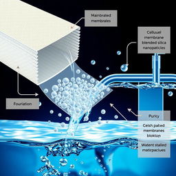 An intricate and informative illustration depicting a cellulose acetate membrane blended with silica nanoparticles, specifically designed for water treatment applications