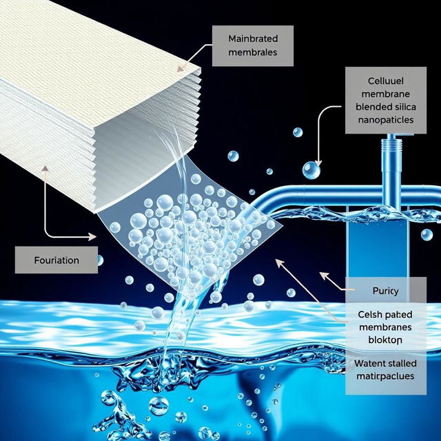 An intricate and informative illustration depicting a cellulose acetate membrane blended with silica nanoparticles, specifically designed for water treatment applications