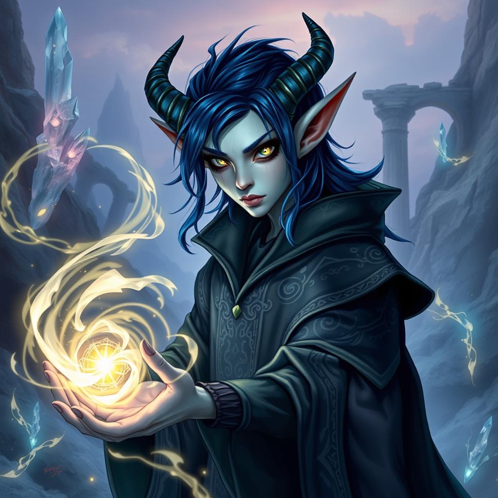 A tiefling sorcerer with dark blue hair, pale blue skin, and striking black eyes lacking pupils, which are filled with sparkling golden flecks