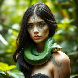 A captivating and mystical human-snake hybrid woman with intricate facial scales, showcasing a blend of human and reptilian features