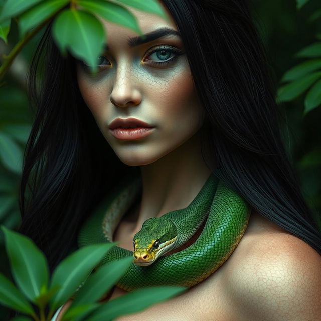 A captivating and mystical human-snake hybrid woman with intricate facial scales, showcasing a blend of human and reptilian features