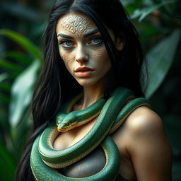 A captivating and mystical human-snake hybrid woman with intricate facial scales, showcasing a blend of human and reptilian features