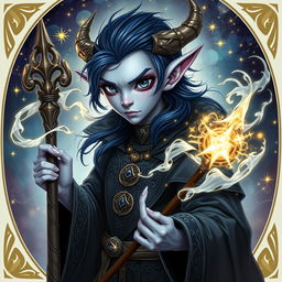 A tiefling sorcerer with dark blue hair, pale blue skin, and mesmerizing black eyes that have no pupils, instead filled with glimmering sparkles of gold