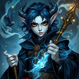 A tiefling sorcerer with dark blue hair, pale blue skin, and mesmerizing black eyes that have no pupils, instead filled with glimmering sparkles of gold