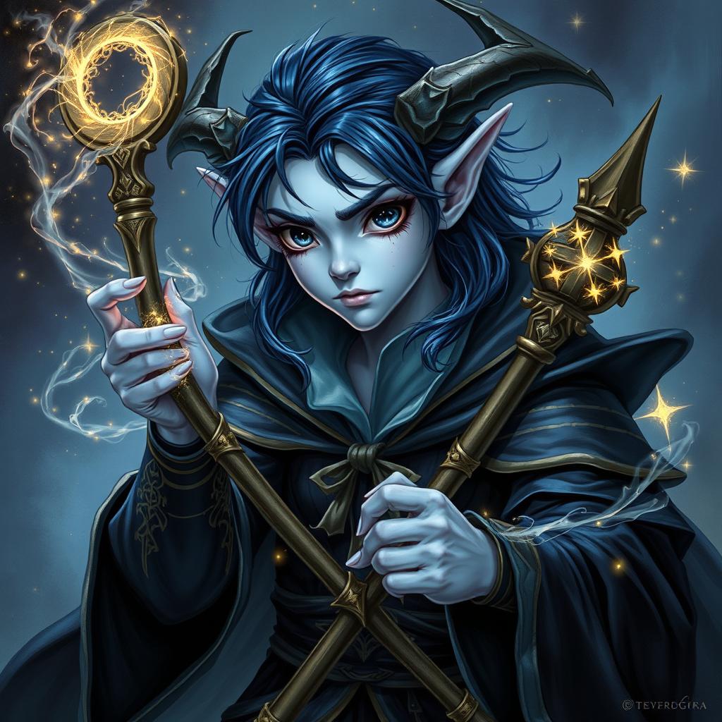 A tiefling sorcerer with dark blue hair, pale blue skin, and mesmerizing black eyes that have no pupils, instead filled with glimmering sparkles of gold