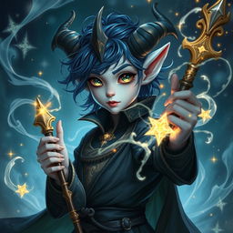 A tiefling sorcerer with dark blue hair, pale blue skin, and mesmerizing black eyes that have no pupils, instead filled with glimmering sparkles of gold