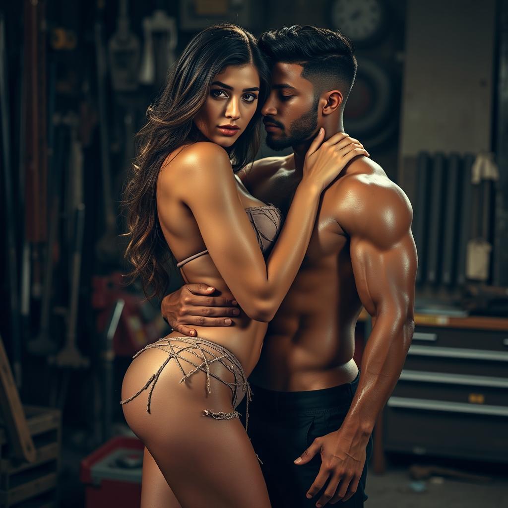 A hot, sultry couple in a passionate embrace during a full-length photoshoot set in a gritty mechanic shop