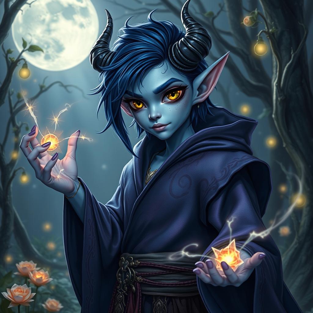 A tiefling sorcerer with striking dark blue hair and pale blue skin, featuring captivating black eyes void of pupils, filled with shimmering sparkles of gold