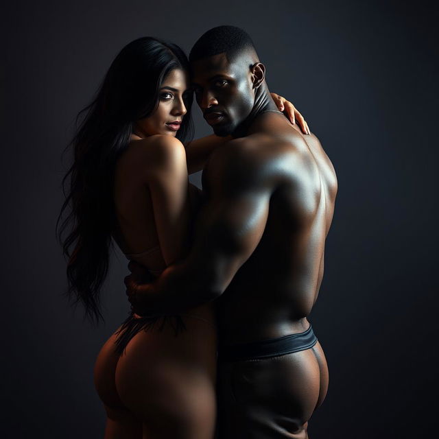 A passionate and intense full-length photoshoot featuring a beautiful 23-year-old Arab woman with long dark hair, wearing a torn transparent strapless bikini, embracing a hot muscular, ripped, dusky African man