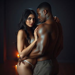 A passionate and intense full-length photoshoot featuring a beautiful 23-year-old Arab woman with long dark hair, wearing a torn transparent strapless bikini, embracing a hot muscular, ripped, dusky African man