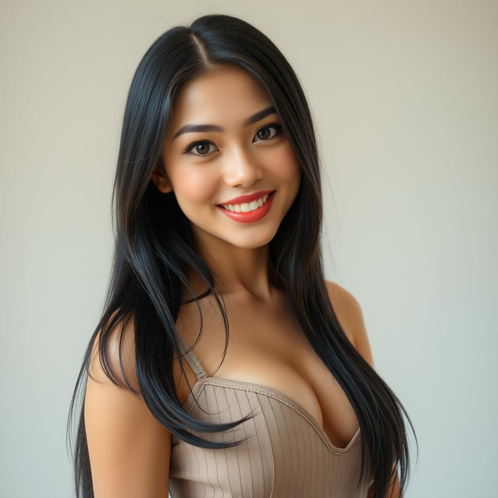 An extremely beautiful woman with a fair complexion, captivating round eyes, and long, shiny black hair that gracefully falls around her shoulders