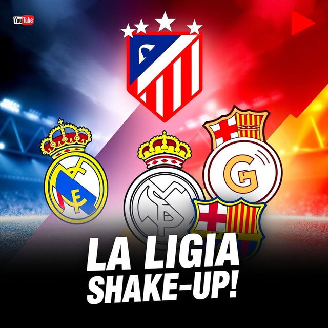 A professional YouTube thumbnail showcasing the logos of Atlético Madrid, Real Madrid, and FC Barcelona in a visually striking manner
