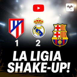 A professional YouTube thumbnail showcasing the logos of Atlético Madrid, Real Madrid, and FC Barcelona in a visually striking manner