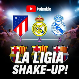 A professional YouTube thumbnail showcasing the logos of Atlético Madrid, Real Madrid, and FC Barcelona in a visually striking manner