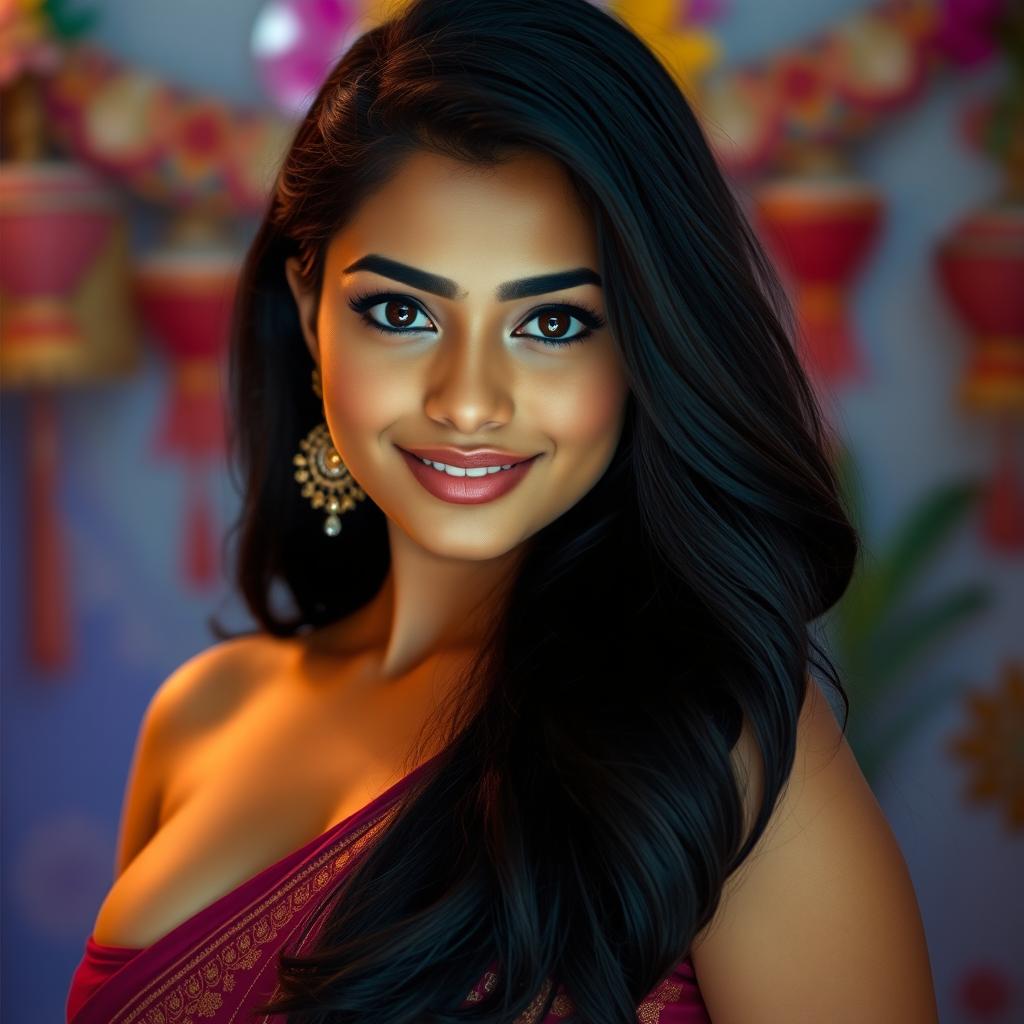 An extremely beautiful Indian woman with a fair complexion, mesmerizing round eyes, and long, lustrous black hair cascading elegantly over her shoulders