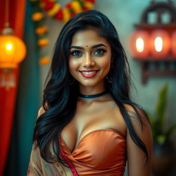 An extremely beautiful Indian woman with a fair complexion, mesmerizing round eyes, and long, lustrous black hair cascading elegantly over her shoulders