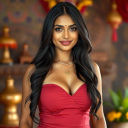 An extremely beautiful Indian woman with a fair complexion, mesmerizing round eyes, and long, lustrous black hair cascading elegantly over her shoulders