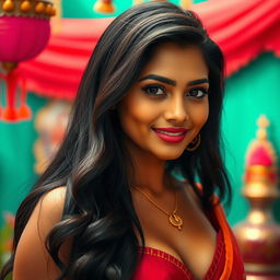 An extremely beautiful Indian woman with a fair complexion, mesmerizing round eyes, and long, lustrous black hair cascading elegantly over her shoulders