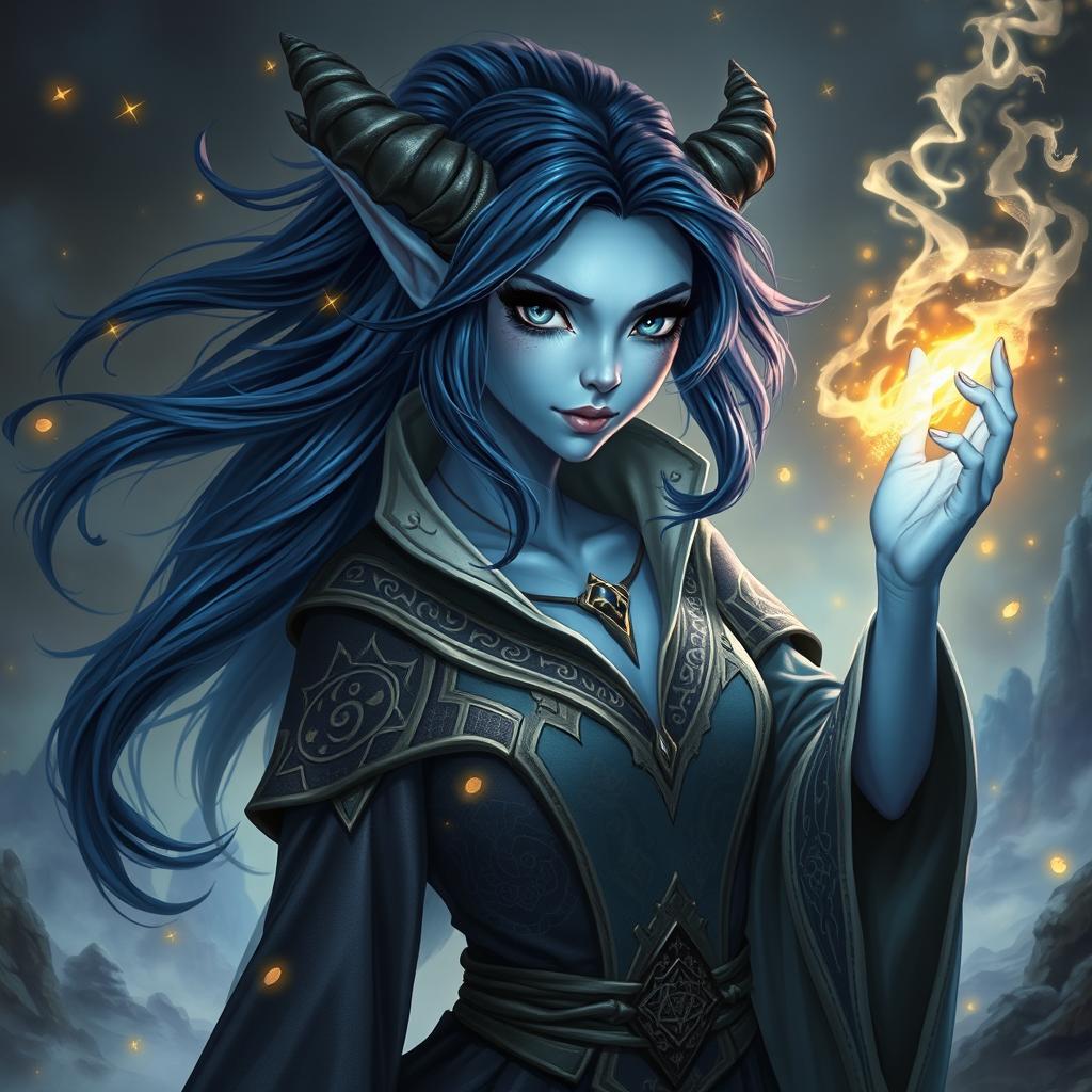 A female tiefling sorcerer with dark blue hair flowing elegantly and pale blue skin, featuring captivating black eyes devoid of pupils, filled with enchanting sparkles of gold