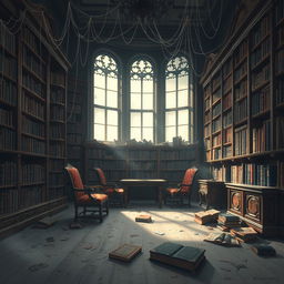 A striking illustration depicting a Victorian-style library set in modern day