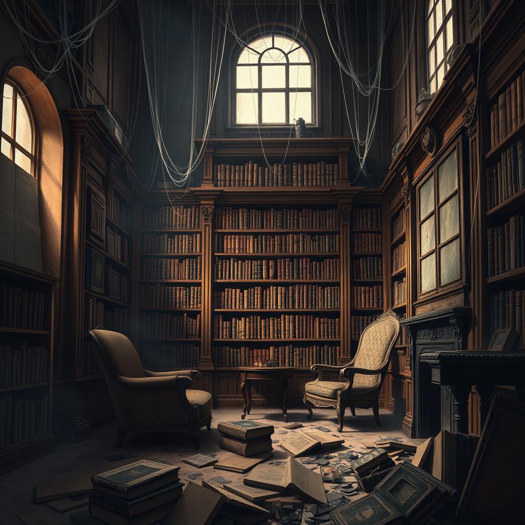 A striking illustration depicting a Victorian-style library set in modern day