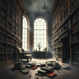 A striking illustration depicting a Victorian-style library set in modern day