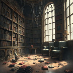 A striking illustration depicting a Victorian-style library set in modern day